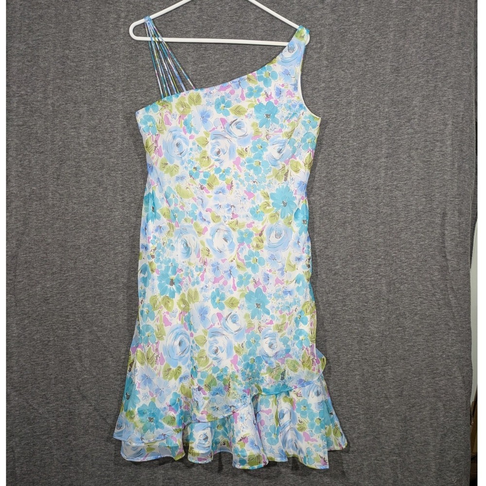Vintage Scarlett Y2K One Shoulder Floral Dress Ruffle Asymmetrical Pastel Sz 12